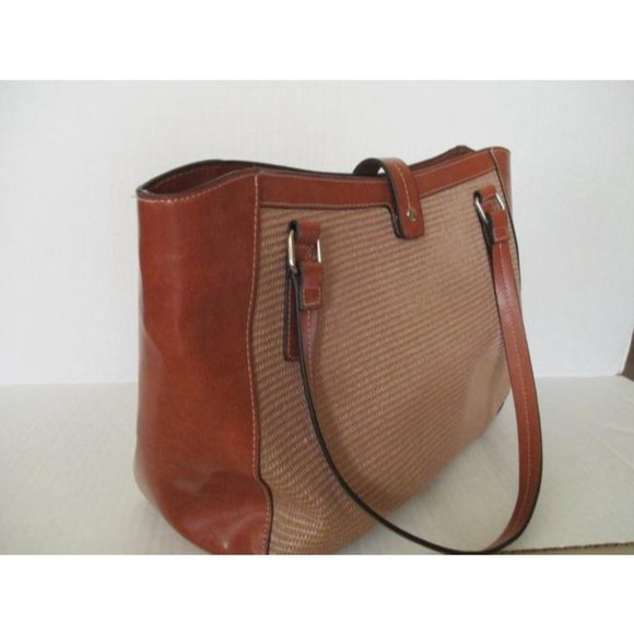 *Emilie M Woven Straw Brown Faux Leather Tote
